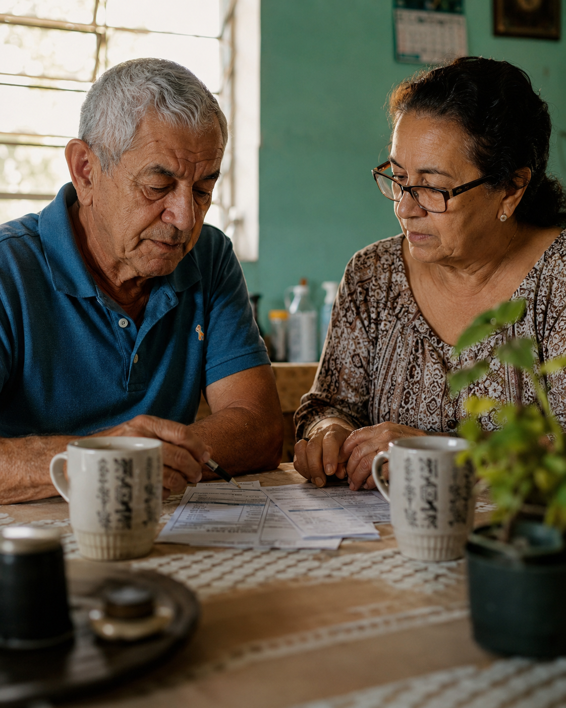 Casal sênior revisando contas em casa, com calma, à mesa de café.